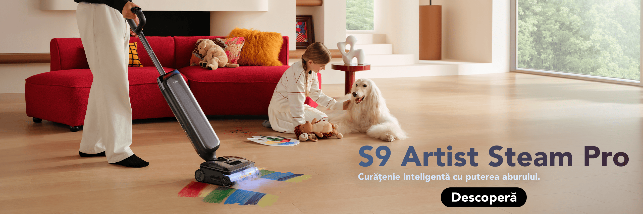Curățenie eficientă cu Tineco S9 Artist Steam Pro, aspiră și șterge în același timp, ideal pentru case moderne, economisind timp și efort în menținerea unui mediu curat și sănătos.
