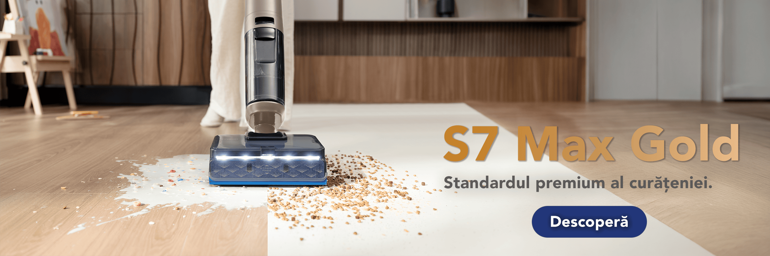 Tineco S7 Max Gold, aspirator și mop inteligent pentru curățenie eficientă și rapidă, ideal pentru toate tipurile de podele din casă.